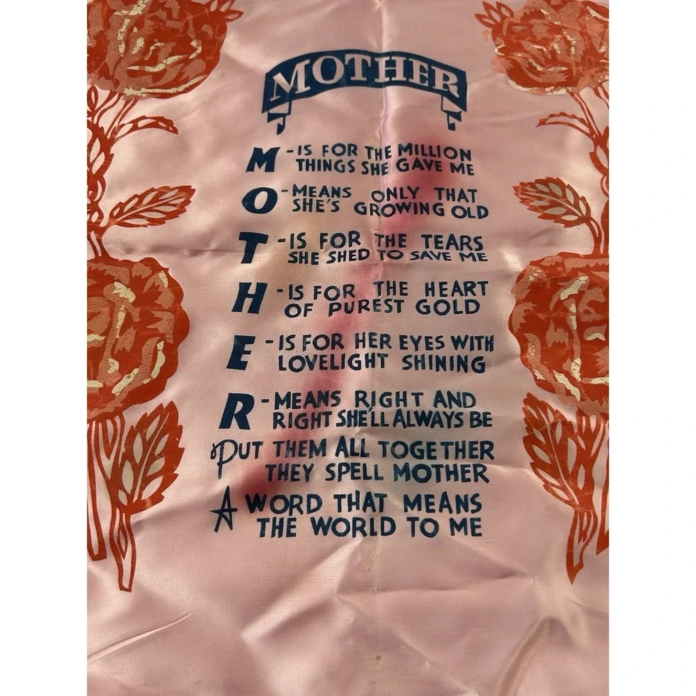 Vintage Satin Mother Poem Pillowcase Pink Floral Fringe Sentimental Decor